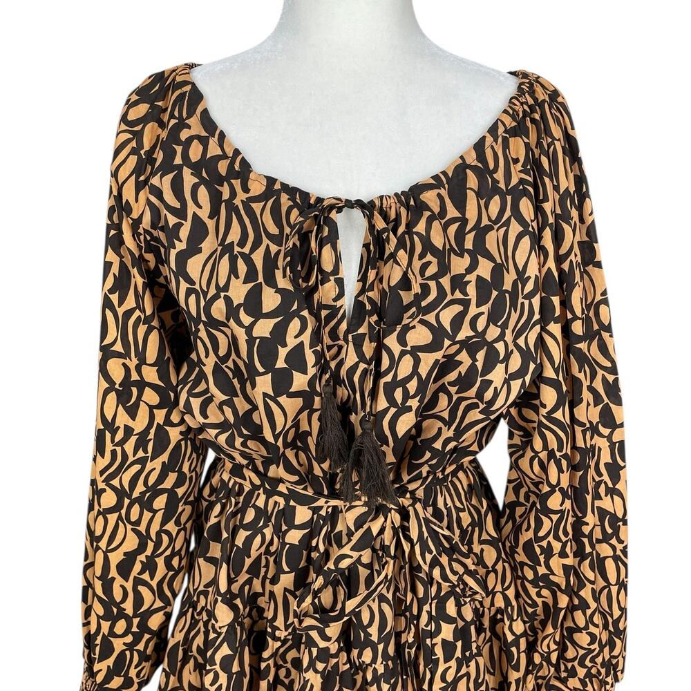 Charlie Holiday Cotton Mariana Mini Dress Tassels Tiered Brown Gold Sz 8 Chic - Picture 4 of 14